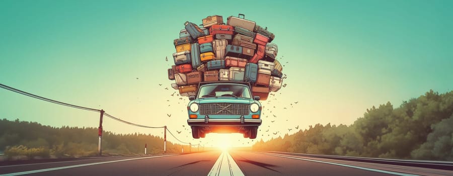 huge pile luggage on roof vintage 70s 80s retro station wagon Vacation family travel move road fun generated ai art