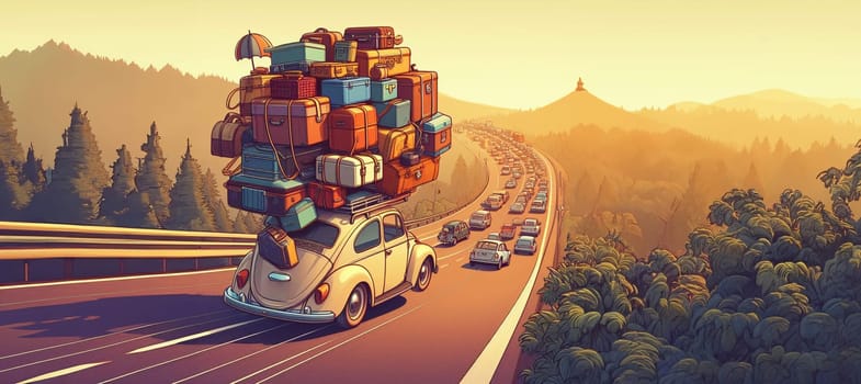 Huge luggage pile on 60s german beetle car roof , on road journey , nomadic lifestyle, migration generated ai art