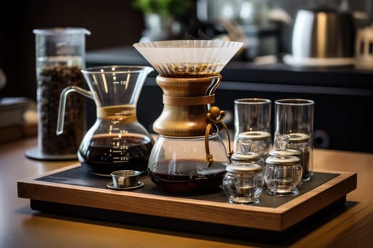 coffee drip set on table at cafe. Generative AI.