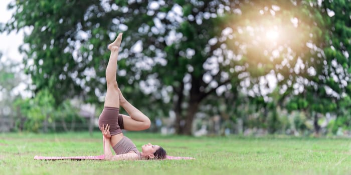 Lifestyle woman yoga exercise and pose for healthy life. Young girl or people pose balance body vital zen meditation for workout.