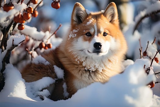 Akita inu in winter nature, close-up photo, Ai generative art