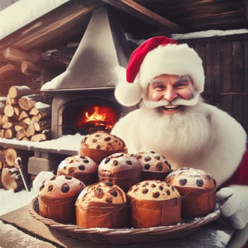 santa claus bake panettone italian christmas sweet cake in xmas atmospehere generative ai art