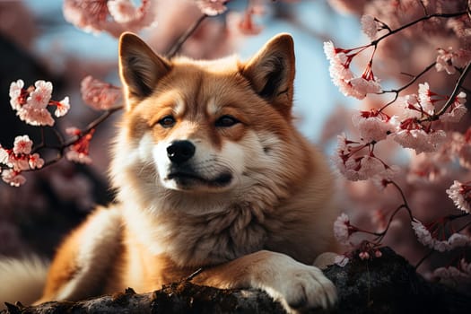 Akita Inu on the background of flowering trees, close-up photo, Ai generative art