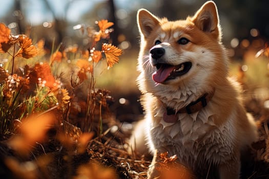 A Akita Inu dog on the background of autumn nature. Ai generative art