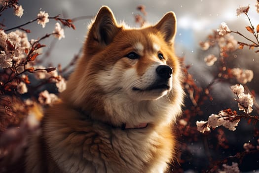 Akita Inu on the background of flowering trees, close-up photo, Ai generative art