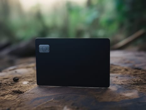 Black bank card outdoors on wooden stump in the forest. Banking, solvency, approved credit history AI