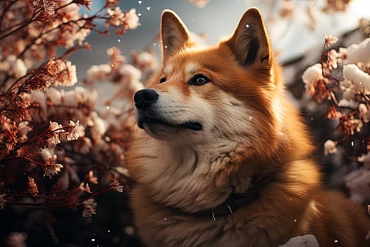 Akita Inu on the background of flowering trees, close-up photo, Ai generative art