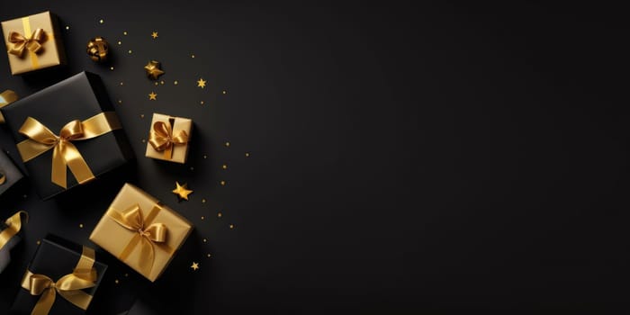 Black Friday. Cyber Monday. Gift boxes with golden ribbon on black background with copy space for text. Generative ai.