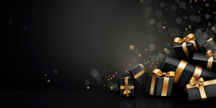 Black Friday. Cyber Monday. Gift boxes with golden ribbon on black background with copy space for text. Generative ai.