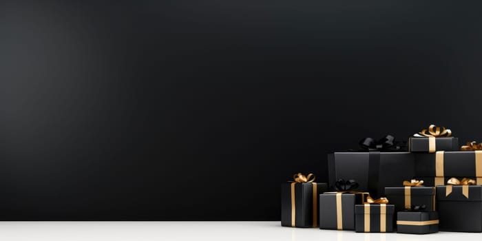 Black Friday. Cyber Monday. Gift boxes with golden ribbon on black background with copy space for text. Generative ai.