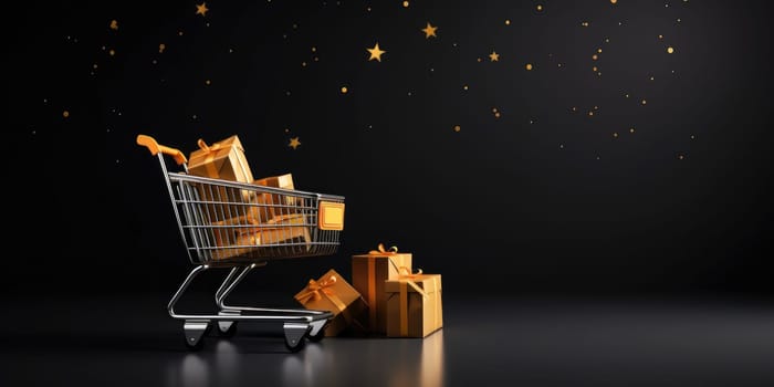 Shopping cart with cardboard boxes banner background, online stores concept. Cyber Monday, black Friday and Christmas sale concept. Generative AI.