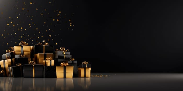 Black Friday. Cyber Monday. Gift boxes with golden ribbon on black background with copy space for text. Generative ai.