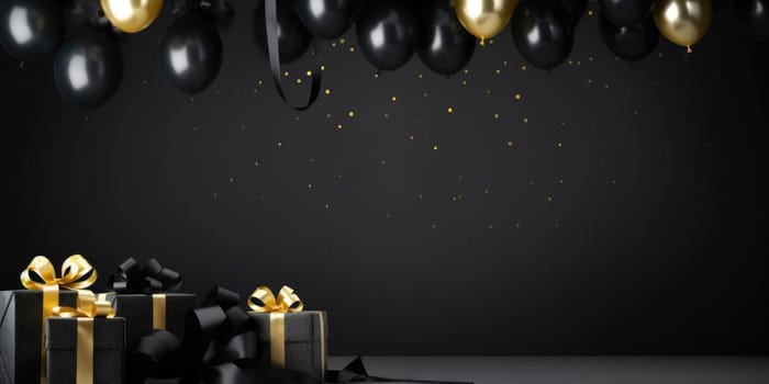 Black Friday. Cyber Monday. Gift boxes with golden ribbon on black background with copy space for text. Generative ai.