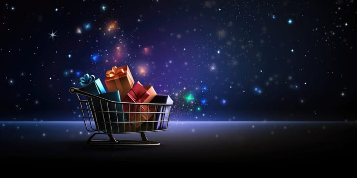 Shopping cart with cardboard boxes banner background, online stores concept. Cyber Monday, black Friday and Christmas sale concept. Generative AI.