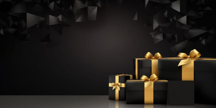 Black Friday. Cyber Monday. Gift boxes with golden ribbon on black background with copy space for text. Generative ai.