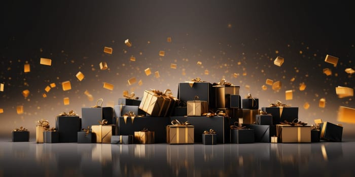 Black Friday. Cyber Monday. Gift boxes with golden ribbon on black background with copy space for text. Generative ai.