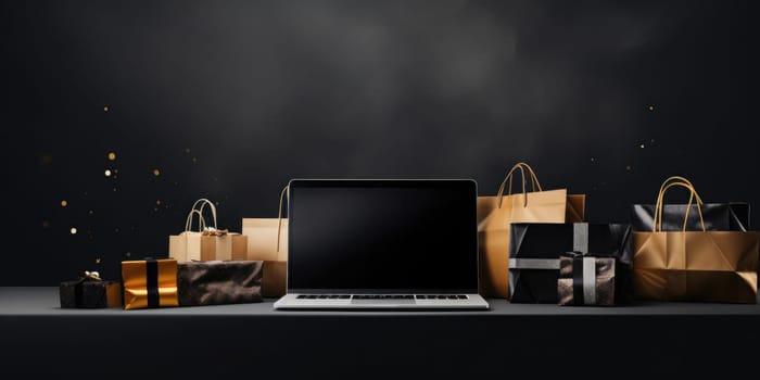 Cyber Monday shopping sales conceptual background with gift boxes and laptop, generative ai.