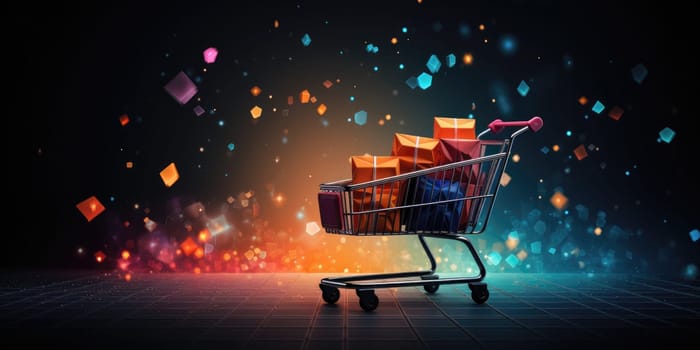 Shopping cart with cardboard boxes banner background, online stores concept. Cyber Monday, black Friday and Christmas sale concept. Generative AI.