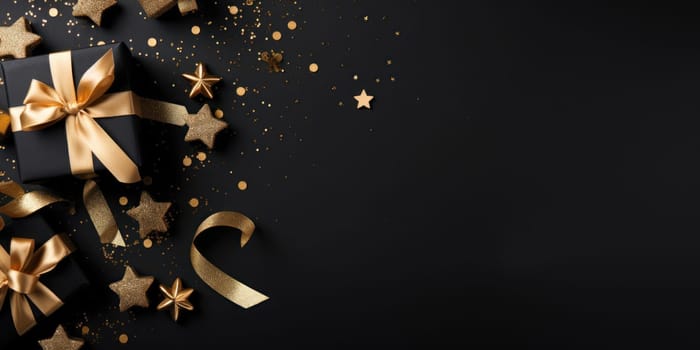 Black Friday. Cyber Monday. Gift boxes with golden ribbon on black background with copy space for text. Generative ai.