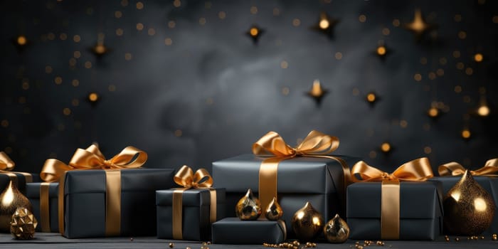 Black Friday. Cyber Monday. Gift boxes with golden ribbon on black background with copy space for text. Generative ai.