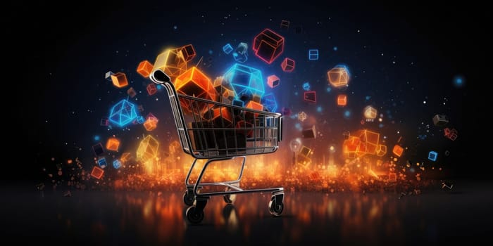 Shopping cart with cardboard boxes banner background, online stores concept. Cyber Monday, black Friday and Christmas sale concept. Generative AI.