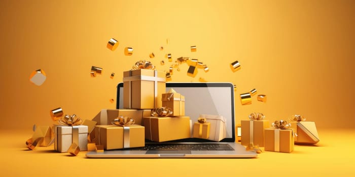 Cyber Monday shopping sales conceptual background with gift boxes and laptop, generative ai.