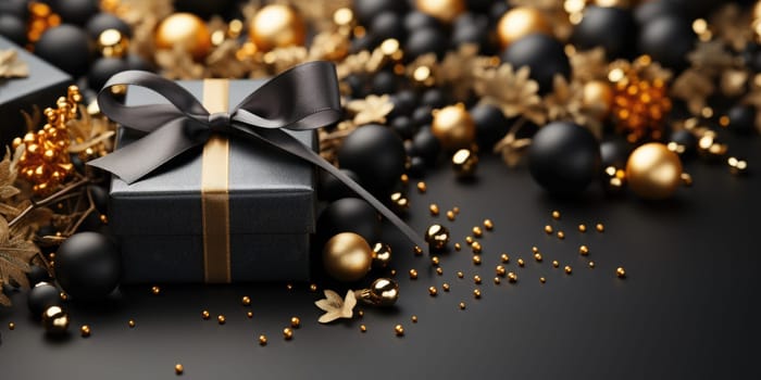 Black Friday. Cyber Monday. Gift boxes with golden ribbon on black background with copy space for text. Generative ai.