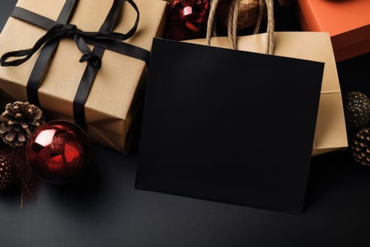 Black Friday. Cyber Monday. Gift boxes with golden ribbon on black background with copy space for text. Generative ai.