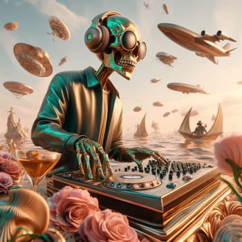 metallic alien dj with human skull, wearing glasses earphone dj of beach party in tropical island generative ai art