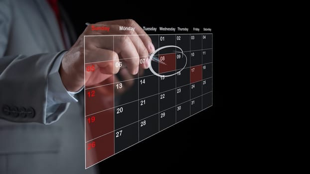 Businessman marking dates on virtual calendar, managing his business schedule, setting reminders for important appointments, creative collage for planning ideas, appointment scheduler