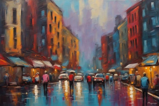 colorful painting illustration of a city at sunset under rain and mist, people walking generative ai art