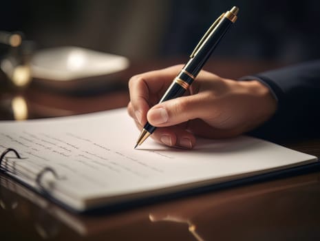 Male hand makes notes in blank notebook, close-up of hand without face with working notebook at wooden work table. Finance and accounting for a successful business strategy AI