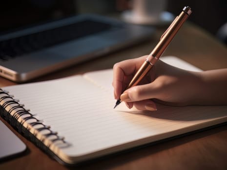 Female hand makes notes in blank notebook, close-up of hand without face with working notebook at wooden work table. Finance and accounting for a successful business strategy AI