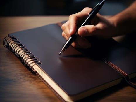 Male hand makes notes in blank notebook, close-up of hand without face with working notebook at wooden table. Finance and accounting for a successful business strategy AI