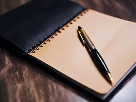 Notepad and pen for writing, stationery on wooden office table. Finance and accounting for a successful business strategy AI