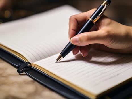 female hand makes notes in blank notebook, close-up of hand without face with working notebook at wooden table. Finance and accounting for a successful business strategy AI