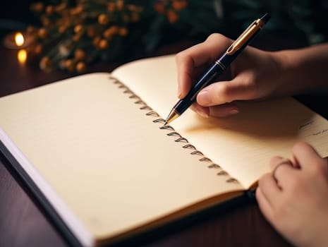 female hand makes notes in blank notebook, close-up of hand without face with working notebook at wooden table. Finance and accounting for a successful business strategy AI