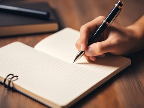 Male hand makes notes in blank notebook, close-up of hand without face with working notebook at wooden table. Finance and accounting for a successful business strategy AI