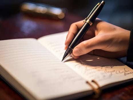 Male hand makes notes in blank notebook, close-up of hand without face with working notebook at wooden table. Finance and accounting for a successful business strategy AI