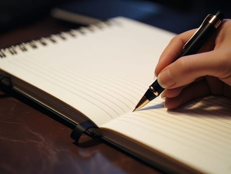 Male hand makes notes in blank notebook, close-up of hand without face with working notebook at wooden table. Finance and accounting for a successful business strategy AI