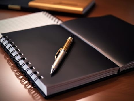 Notepad and pen for writing, stationery on wooden office table. Finance and accounting for a successful business strategy AI