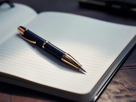 Notepad and pen for writing, stationery on wooden office table. Finance and accounting for a successful business strategy AI