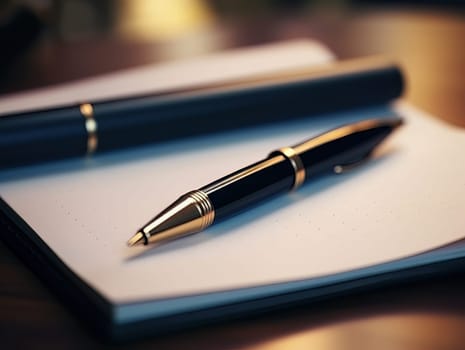 Notepad and pen for writing, stationery on wooden office table. Finance and accounting for a successful business strategy AI