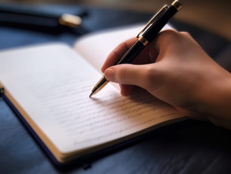 Male hand makes notes in blank notebook, close-up of hand without face with working notebook at wooden table. Finance and accounting for a successful business strategy AI