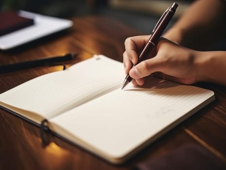 Male hand makes notes in blank notebook, close-up of hand without face with working notebook at wooden table. Finance and accounting for a successful business strategy AI