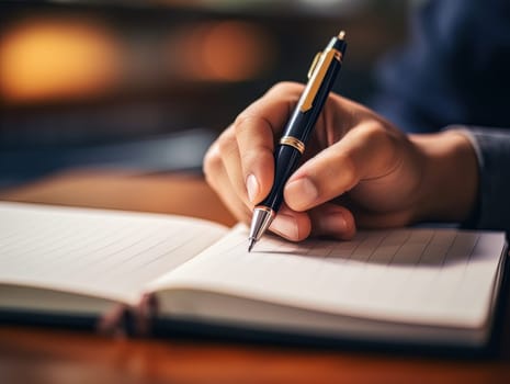 Male hand makes notes in blank notebook, close-up of hand without face with working notebook at wooden table. Finance and accounting for a successful business strategy AI