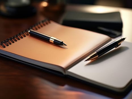 Notepad and pen for writing, stationery on wooden office table. Finance and accounting for a successful business strategy AI