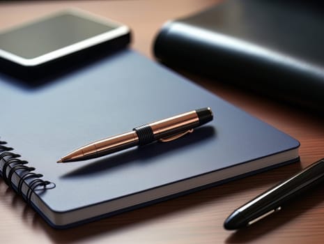 Notepad and pen for writing, stationery on wooden office table. Finance and accounting for a successful business strategy AI