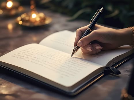 female hand makes notes in blank notebook, close-up of hand without face with working notebook at wooden table. Finance and accounting for a successful business strategy AI