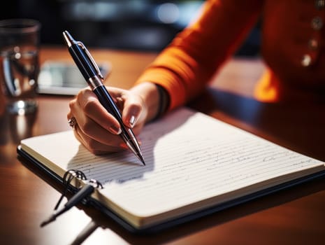 Female hand makes notes in notebook, close-up of hand without face with working notebook at wooden table. Finance and accounting for a successful business strategy AI